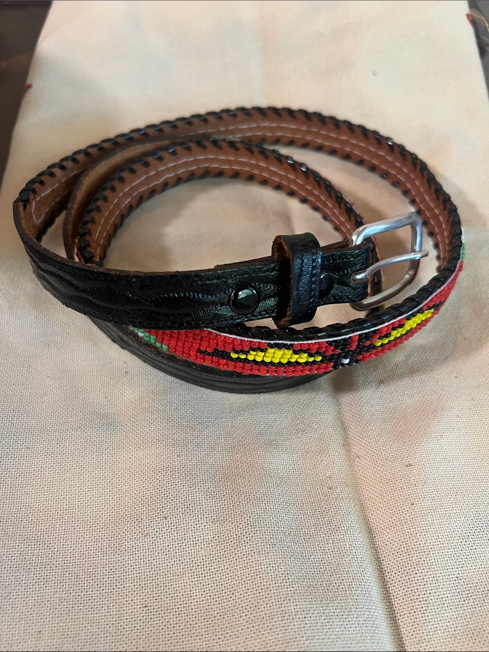 Vintage Cowhide Black Leather Beaded Belt with Red & Yellow Accent